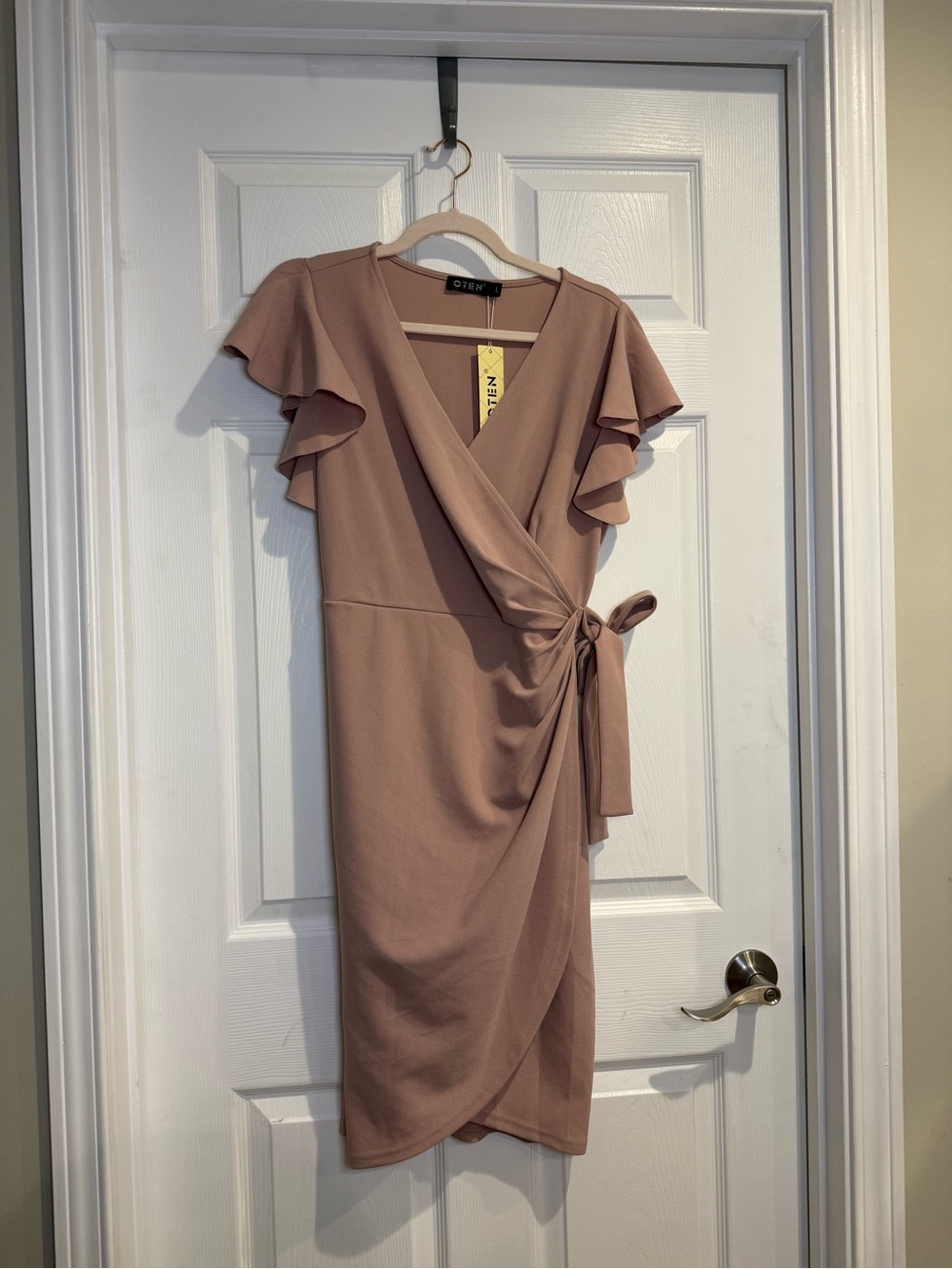 Olsen Mauve Wrap-Style Midi Dress with Ruffle Sleeves